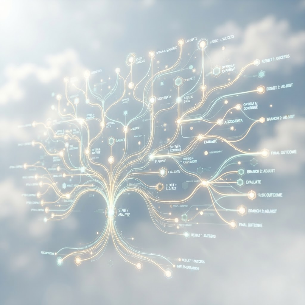 Interconnected glowing nodes forming a branching decision tree with gold and teal light trails