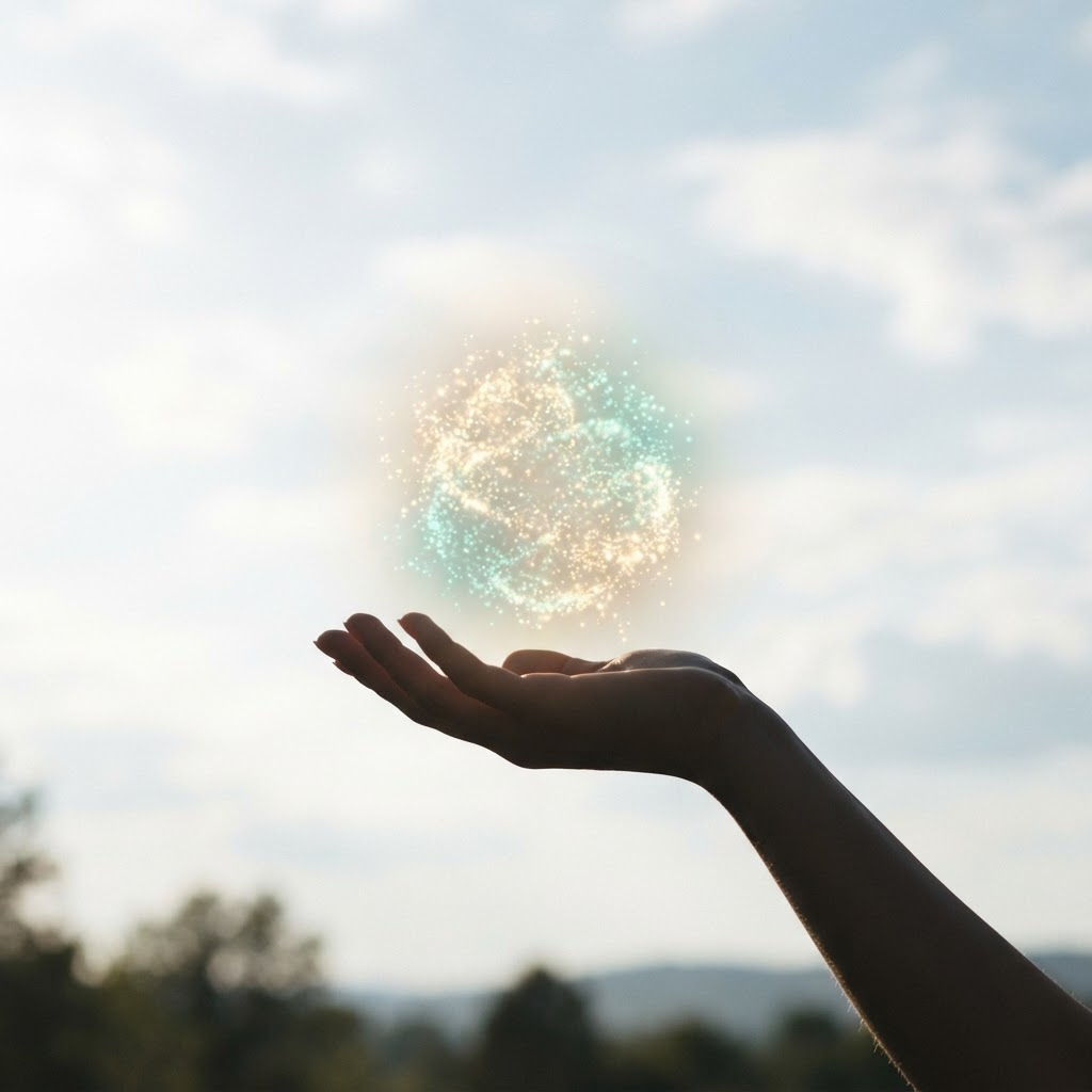 A glowing orb-like entity of light particles hovering above an open hand silhouette on a bright sky