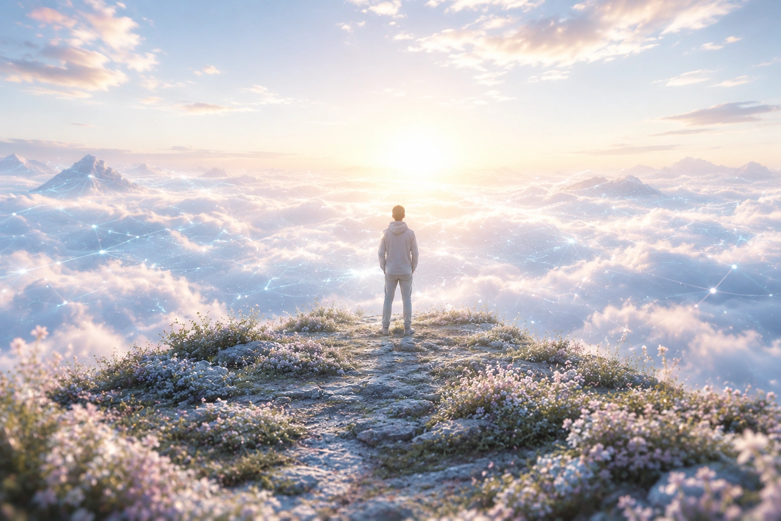 A lone silhouetted figure standing on a rocky point at the edge of a still lake at dawn, warm golden light breaking at the horizon