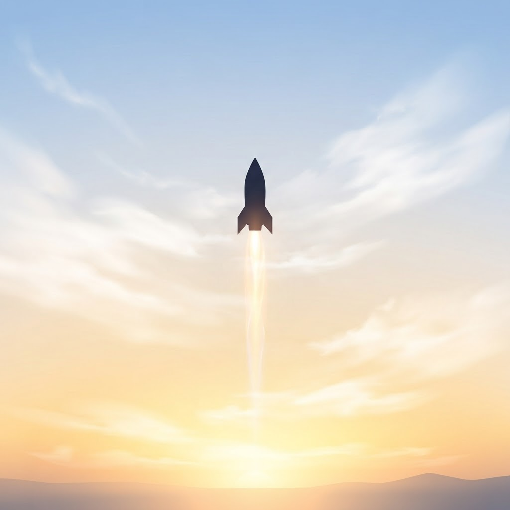 A minimal geometric rocket launching upward through soft clouds with a light trail at dawn